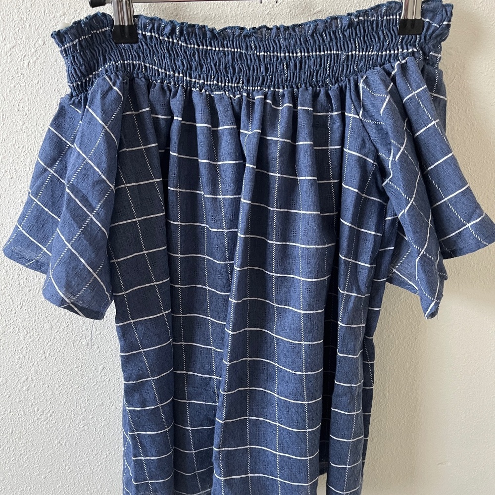 Love In Off the Shoulder Flutter Sleeve Blouse Top, Blue Check, Size Medium